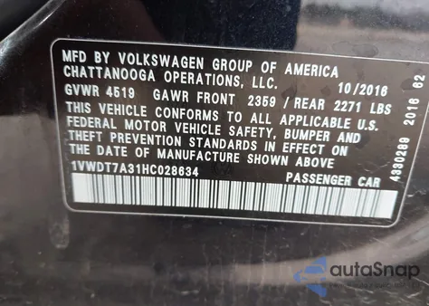 2017 Volkswagen Passat 1.8T R-Line from USA, damaged, VIN 1VWDT7A31HC028634